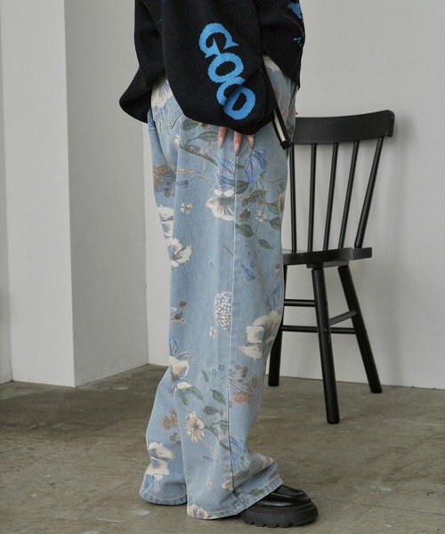 セール】flower design wide denim pants / フラワーデザイン