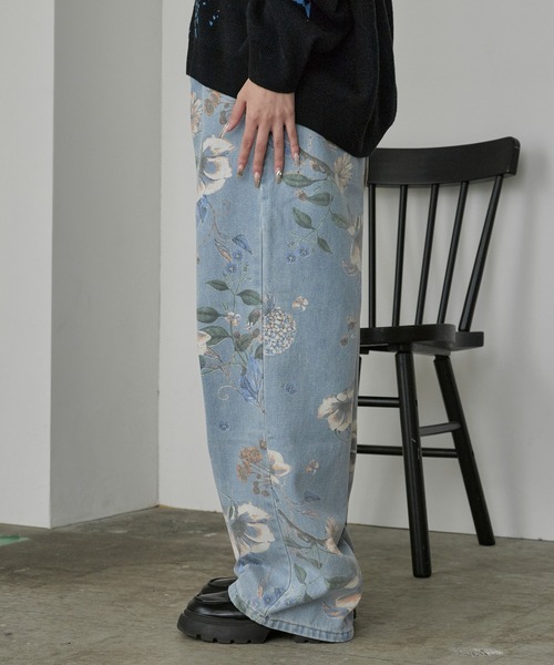 【新品】BLUE FRONCE ローブ　ワイドパンツ　フラワーパターン　花柄 She's Closet パンツ 花柄フラワープリント＆アート柄ストレート