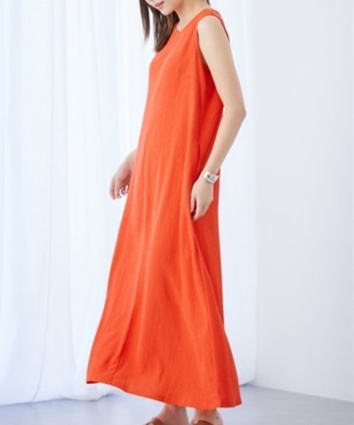 【22SS】Drawer ドゥロワー Mars ノースリーブワンピース オレンジ セール】高身長 バックオープンカットソーマキシワンピース （トール