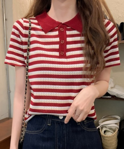 Vipoa(ヴィポア)の「ボーダーショートスリーブポロシャツ(ポロシャツ・レディース・アイボリー/ブラック/イエロー/レッド・FREE)」の19枚目の写真