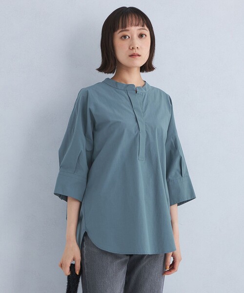 green label relaxing（グリーンレーベルリラクシング）の「バンドカラー スキッパー シャツ（シャツ/ブラウス・レディース・ダークグリーン/ホワイト/ダークグレー・FREE）」の3枚目の写真