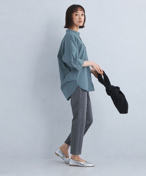 green label relaxing（グリーンレーベルリラクシング）の「バンドカラー スキッパー シャツ（シャツ/ブラウス・レディース・ダークグリーン/ホワイト/ダークグレー・FREE）」の5枚目の写真