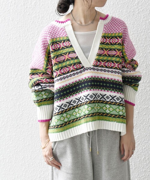 【セール】SHIPS any:〈手洗い可能〉フェアアイル スキッパーネック ニット プルオーバー（ニット/セーター）｜SHIPS any（シップス エニィ）