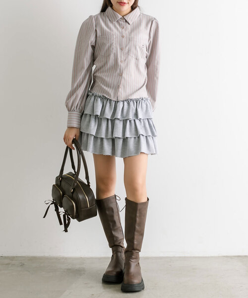 トリバーチ　オリーブグリーン フリル付きミニスカート ANOTHER BRANCH OLIVE des OLIVE/プリーツティアードミニ