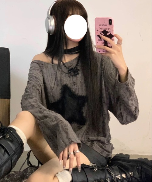 .KOM（ドットコム）の「『.KOM/ドットケーオーエム』スターデザインフードトップス 長袖【Y】【CN】（Tシャツ/カットソー・レディース・ホワイト/ブラック・FREE）」の2枚目の写真