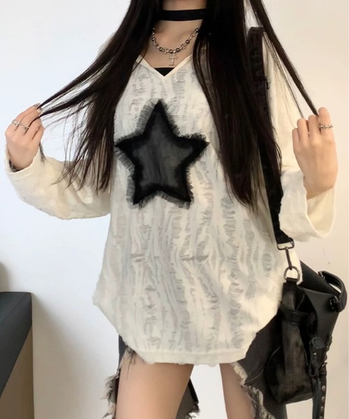 .KOM（ドットコム）の「『.KOM/ドットケーオーエム』スターデザインフードトップス 長袖【Y】【CN】（Tシャツ/カットソー・レディース・ホワイト/ブラック・FREE）」の8枚目の写真