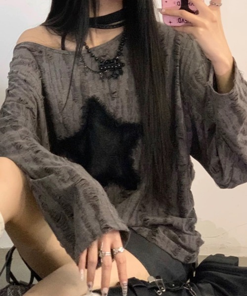 .KOM（ドットコム）の「『.KOM/ドットケーオーエム』スターデザインフードトップス 長袖【Y】【CN】（Tシャツ/カットソー・レディース・ホワイト/ブラック・FREE）」の3枚目の写真