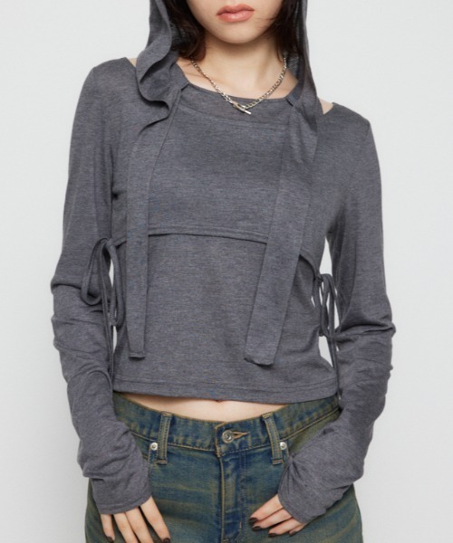 LAGUA GEM(ラグアジェム)の「HOODIE 2PIECE トップス(パーカー・レディース・ベージュ/ブラック/チャコールグレー・FREE)」の2枚目の写真