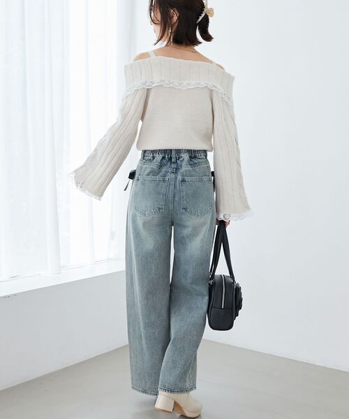 MAJESTIC LEGON（マジェスティックレゴン）の「レースリボンオフショルケーブルニット（ニット/セーター・レディース・グレー/チャコールグレー/アイボリー・MEDIUM）」の7枚目の写真