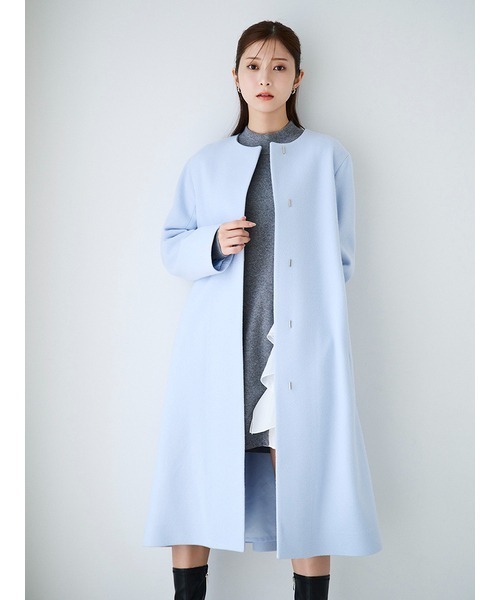 CELFORD（セルフォード）の「カシミア混ノーカラーコート（ノーカラーコート・レディース・チェック/ダークネイビー/サックスブルー/アイボリー・38/36）」の6枚目の写真