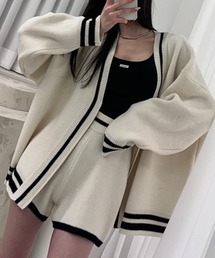 配色ライン入りカーデ×ショートパンツ2点セット