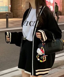 配色ライン入りカーデ×ショートパンツ2点セット