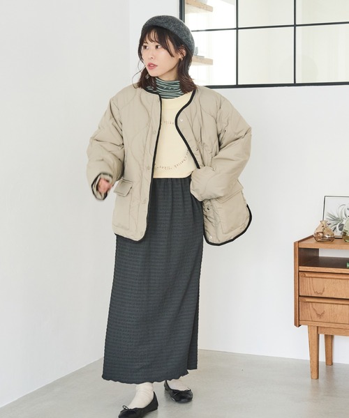 Crisp（クリスプ）の「カラーパイピングキルティングジャケット（ノーカラージャケット・レディース・ベージュ/カーキ・FREE）」の11枚目の写真