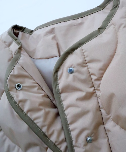 Crisp（クリスプ）の「カラーパイピングキルティングジャケット（ノーカラージャケット・レディース・ベージュ/カーキ・FREE）」の18枚目の写真