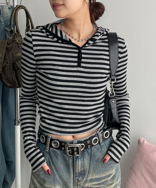 SHAGGIE(シャギー)の「フード付きロングスリーブフライストップス(Tシャツ/カットソー・レディース・ブラック/グレー/グレー系その他/ベージュ系その他・FREE)」の3枚目の写真