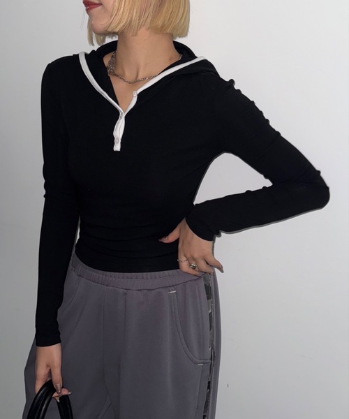 SHAGGIE(シャギー)の「フード付きロングスリーブフライストップス(Tシャツ/カットソー・レディース・ブラック/グレー/グレー系その他/ベージュ系その他・FREE)」の9枚目の写真