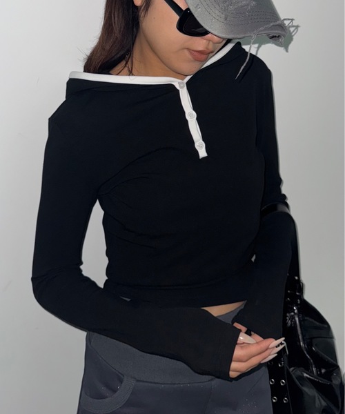 SHAGGIE(シャギー)の「フード付きロングスリーブフライストップス(Tシャツ/カットソー・レディース・ブラック/グレー/グレー系その他/ベージュ系その他・FREE)」の5枚目の写真