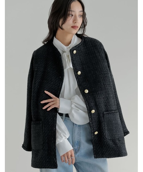 オケージョン セレモニー]オーバーサイズ金ボタンツイードジャケット