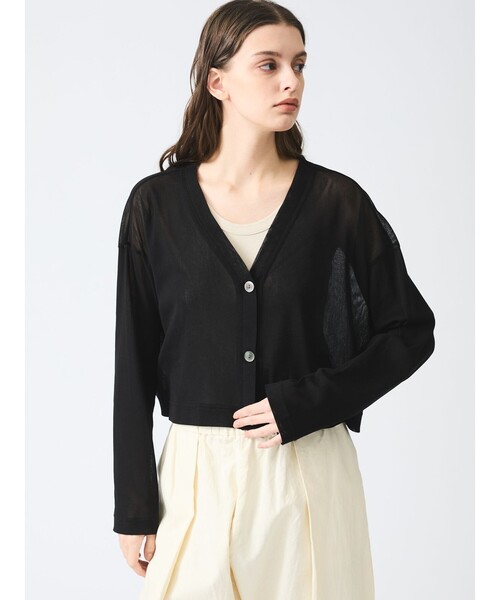 mizuiroind(ミズイロインド)の「mizuiro ind メッシュVネックショートカーディガン(カーディガン/ボレロ・レディース・ブラック/サンドベージュ/ネイビー・FREE)」の1枚目の写真