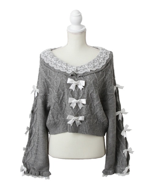 DearMyLove（ディアマイラブ）の「Vネックリボンレースビジューハートケーブルニット（ニット/セーター・レディース・ホワイト/ライトグレー/ラベンダー/ベビーピンク・M-L/LL～3L）」の3枚目の写真