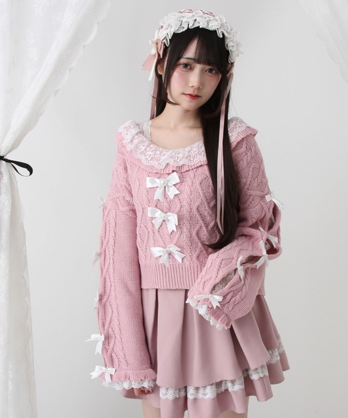 DearMyLove（ディアマイラブ）の「Vネックリボンレースビジューハートケーブルニット（ニット/セーター・レディース・ホワイト/ライトグレー/ラベンダー/ベビーピンク・M-L/LL～3L）」の9枚目の写真