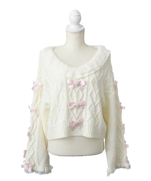 DearMyLove（ディアマイラブ）の「Vネックリボンレースビジューハートケーブルニット（ニット/セーター・レディース・ホワイト/ライトグレー/ラベンダー/ベビーピンク・M-L/LL～3L）」の20枚目の写真
