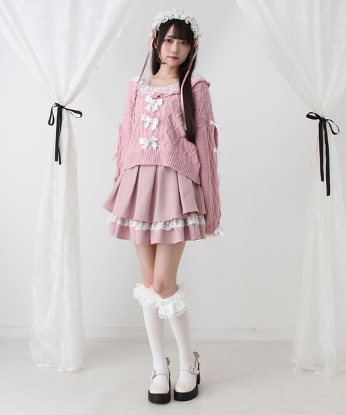 DearMyLove（ディアマイラブ）の「Vネックリボンレースビジューハートケーブルニット（ニット/セーター・レディース・ホワイト/ライトグレー/ラベンダー/ベビーピンク・M-L/LL～3L）」の10枚目の写真