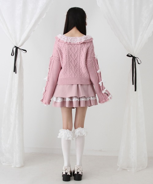 DearMyLove（ディアマイラブ）の「Vネックリボンレースビジューハートケーブルニット（ニット/セーター・レディース・ホワイト/ライトグレー/ラベンダー/ベビーピンク・M-L/LL～3L）」の11枚目の写真