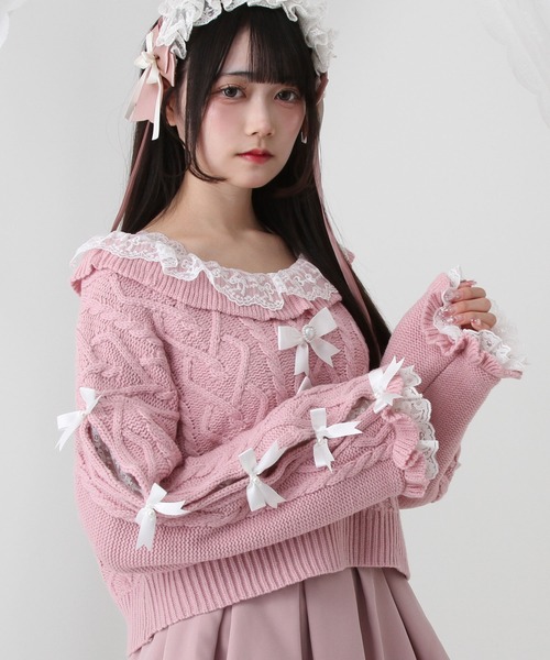 DearMyLove（ディアマイラブ）の「Vネックリボンレースビジューハートケーブルニット（ニット/セーター・レディース・ホワイト/ライトグレー/ラベンダー/ベビーピンク・M-L/LL～3L）」の12枚目の写真