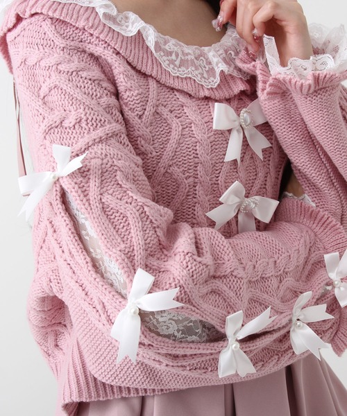 DearMyLove（ディアマイラブ）の「Vネックリボンレースビジューハートケーブルニット（ニット/セーター・レディース・ホワイト/ライトグレー/ラベンダー/ベビーピンク・M-L/LL～3L）」の13枚目の写真