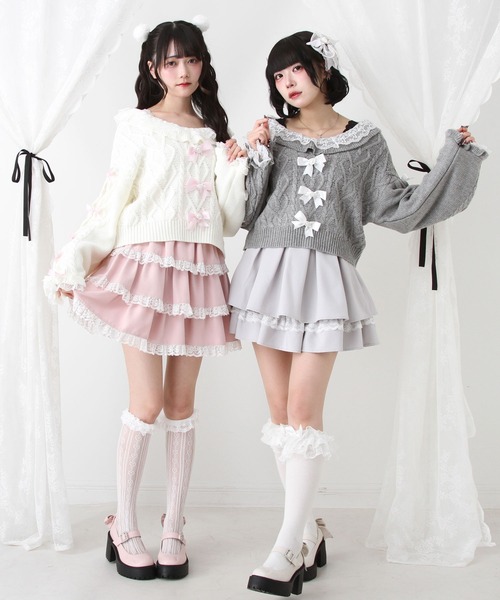 DearMyLove（ディアマイラブ）の「Vネックリボンレースビジューハートケーブルニット（ニット/セーター・レディース・ホワイト/ライトグレー/ラベンダー/ベビーピンク・M-L/LL～3L）」の7枚目の写真