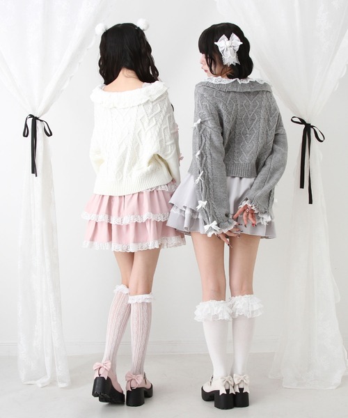 DearMyLove（ディアマイラブ）の「Vネックリボンレースビジューハートケーブルニット（ニット/セーター・レディース・ホワイト/ライトグレー/ラベンダー/ベビーピンク・M-L/LL～3L）」の8枚目の写真