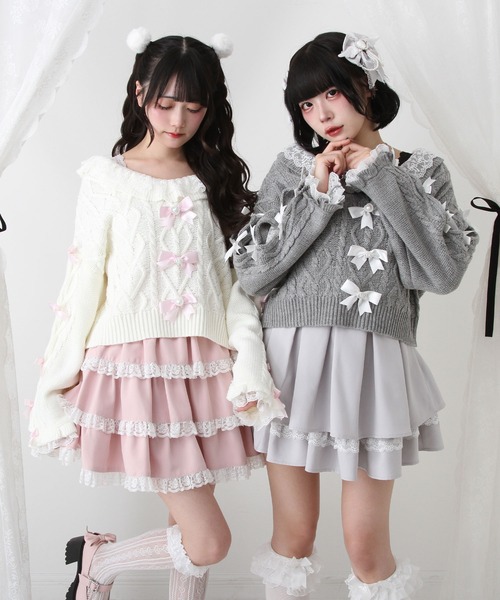 DearMyLove（ディアマイラブ）の「Vネックリボンレースビジューハートケーブルニット（ニット/セーター・レディース・ホワイト/ライトグレー/ラベンダー/ベビーピンク・M-L/LL～3L）」の5枚目の写真