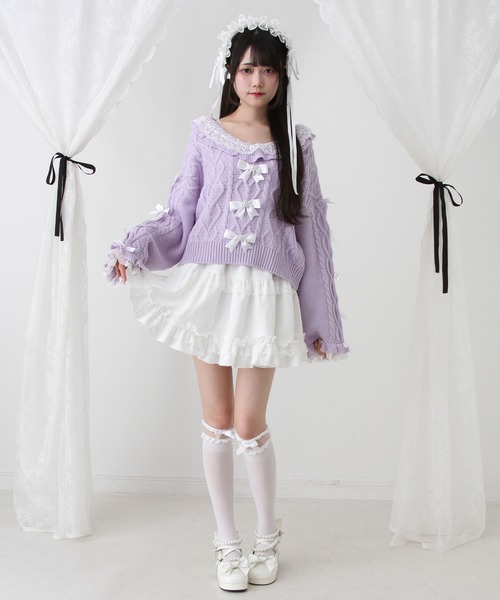 DearMyLove（ディアマイラブ）の「Vネックリボンレースビジューハートケーブルニット（ニット/セーター・レディース・ホワイト/ライトグレー/ラベンダー/ベビーピンク・M-L/LL～3L）」の14枚目の写真