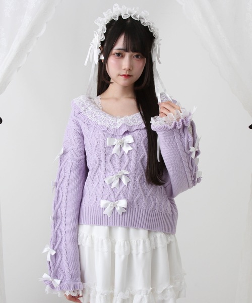 DearMyLove（ディアマイラブ）の「Vネックリボンレースビジューハートケーブルニット（ニット/セーター・レディース・ホワイト/ライトグレー/ラベンダー/ベビーピンク・M-L/LL～3L）」の17枚目の写真