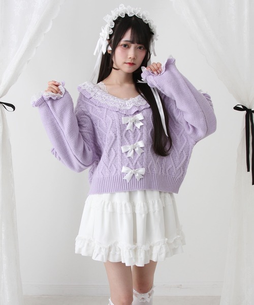 DearMyLove（ディアマイラブ）の「Vネックリボンレースビジューハートケーブルニット（ニット/セーター・レディース・ホワイト/ライトグレー/ラベンダー/ベビーピンク・M-L/LL～3L）」の18枚目の写真
