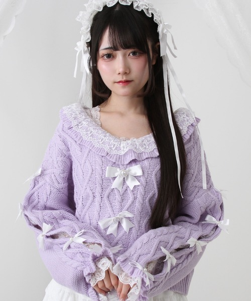 セール】Vネックリボンレースビジューハートケーブルニット（ニット