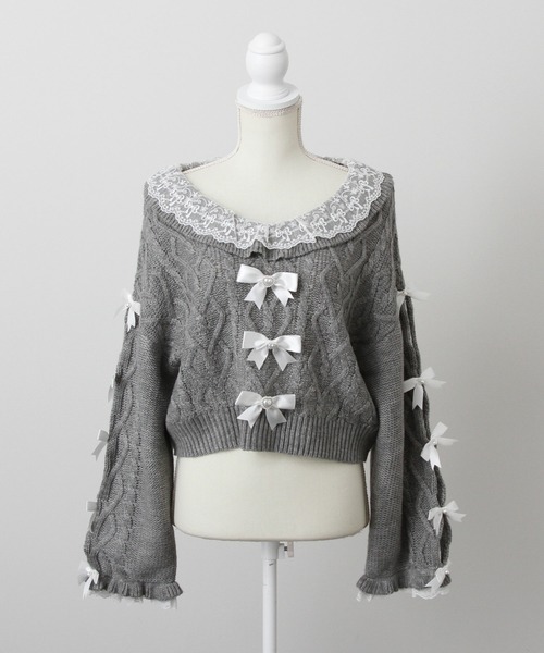 DearMyLove（ディアマイラブ）の「Vネックリボンレースビジューハートケーブルニット（ニット/セーター・レディース・ホワイト/ライトグレー/ラベンダー/ベビーピンク・M-L/LL～3L）」の21枚目の写真