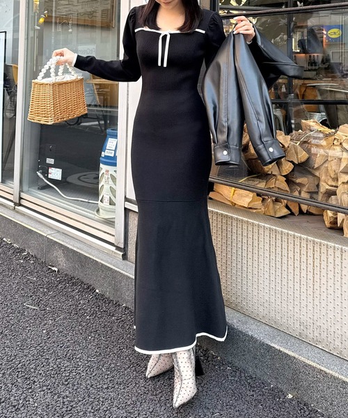 ROYAL PARTY（ロイヤルパーティー）の「配色リボンニットマーメイドワンピース（ワンピース・レディース・グリーン/オフホワイト/ブラック・FREE）」の3枚目の写真