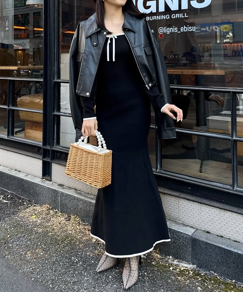 ROYAL PARTY（ロイヤルパーティー）の「配色リボンニットマーメイドワンピース（ワンピース・レディース・グリーン/オフホワイト/ブラック・FREE）」の8枚目の写真