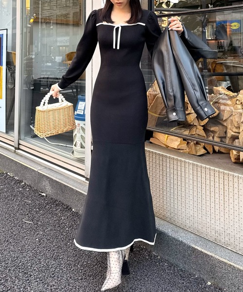 ROYAL PARTY（ロイヤルパーティー）の「配色リボンニットマーメイドワンピース（ワンピース・レディース・グリーン/オフホワイト/ブラック・FREE）」の7枚目の写真