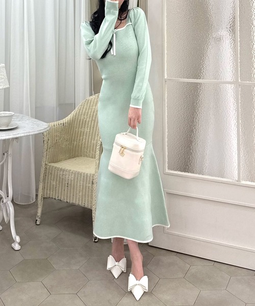 ROYAL PARTY（ロイヤルパーティー）の「配色リボンニットマーメイドワンピース（ワンピース・レディース・グリーン/オフホワイト/ブラック・FREE）」の4枚目の写真