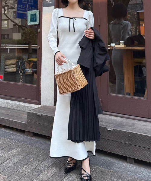 ROYAL PARTY（ロイヤルパーティー）の「配色リボンニットマーメイドワンピース（ワンピース・レディース・グリーン/オフホワイト/ブラック・FREE）」の6枚目の写真