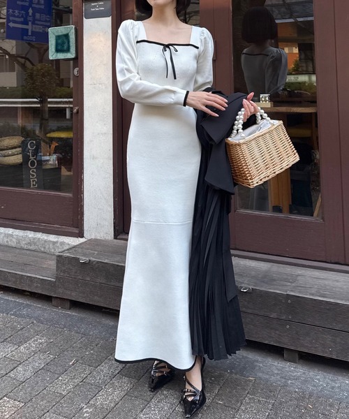 ROYAL PARTY（ロイヤルパーティー）の「配色リボンニットマーメイドワンピース（ワンピース・レディース・グリーン/オフホワイト/ブラック・FREE）」の5枚目の写真