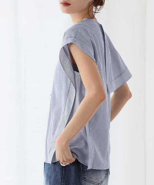 セール】ストライプアシンメトリーケープブラウス（シャツ/ブラウス