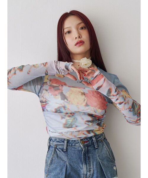 tシャツ 「ZOZO限定」フラワーパールネックフラワーモチーフトップス レディース セール】フラワーパターンシアートップス（Tシャツ/カットソー