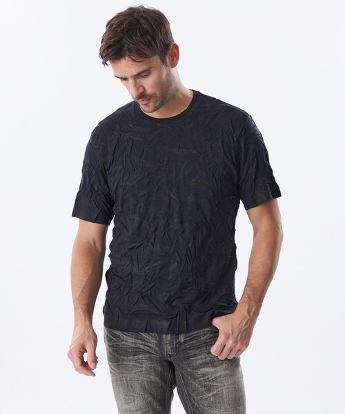 エポカウォモ　EPOCA UOMO 高級半袖Tシャツ46/M　30,800円 黒 セール】＊Safari5月号掲載＊ガーメントプリーツプリント