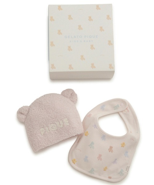 qbag ジェラートピケ 2点おまとめ買い ラッピング済み】【BABY】ベアニットキャップ&スタイ2点セット