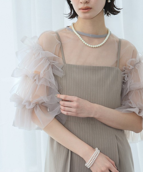 LOWO(ロワ)の「シースルートップス 半袖 チュール フリルスリーブ シアートップス レイヤードトップス 結婚式 パーティー オケージョン お呼ばれ(シャツ/ブラウス・レディース・ホワイト/ブラック/グレー・FREE)」の7枚目の写真
