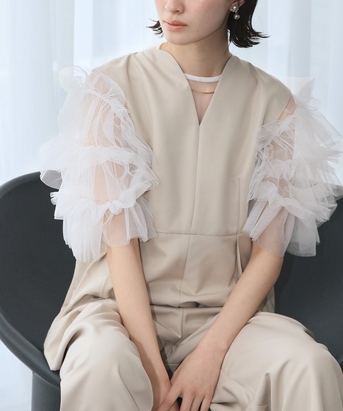LOWO(ロワ)の「シースルートップス 半袖 チュール フリルスリーブ シアートップス レイヤードトップス 結婚式 パーティー オケージョン お呼ばれ(シャツ/ブラウス・レディース・ホワイト/ブラック/グレー・FREE)」の10枚目の写真